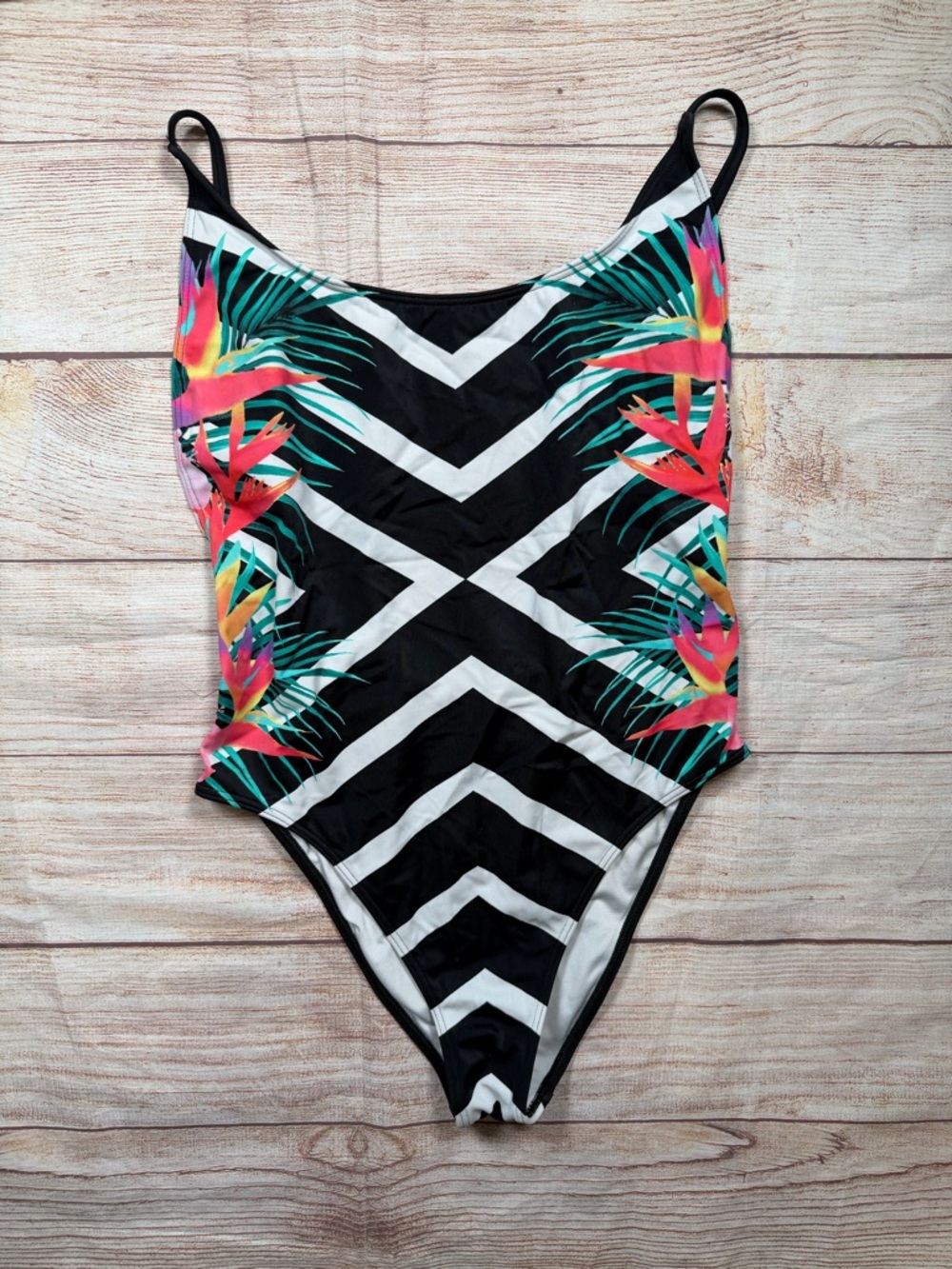 PINK Victoria's Secret Black & White Chevron One-Piece with Tropical Neon Floral